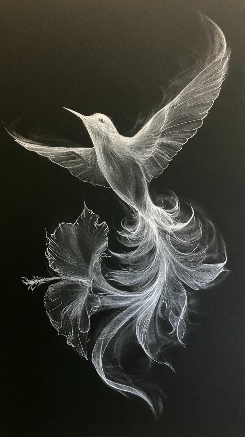 Minimalist white charcoal hummingbird above hibiscus flower