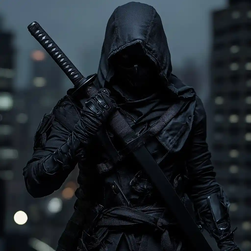 Ninja assassin woman on a dark rooftop at night