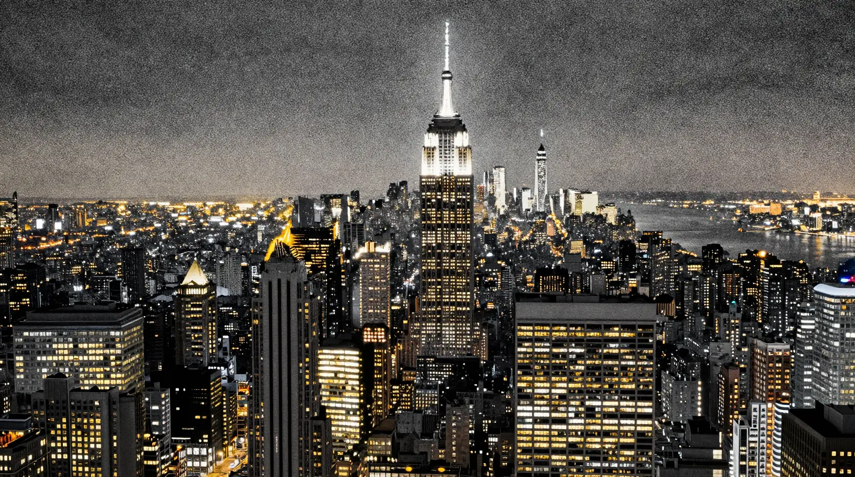 Manhattans nächtliche Skyline in schimmernder pointillistischer Punktkunst