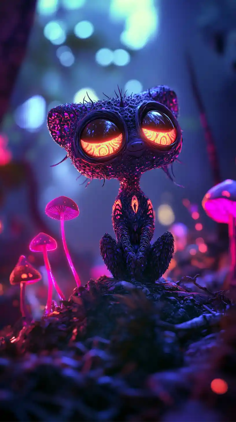 Bioluminescent Forest Imp Among Towering Alien Mushrooms