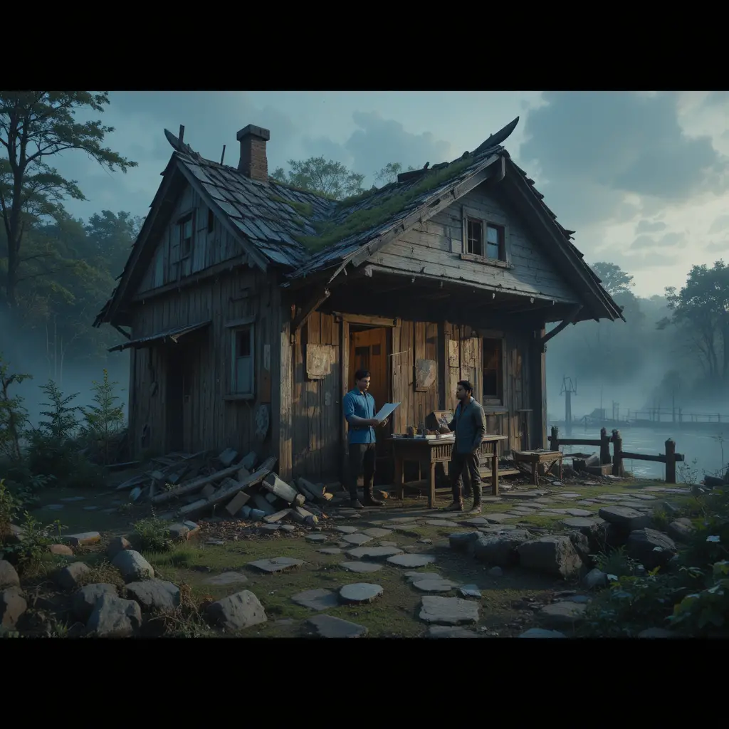 Old wooden hut by a bridge under dramatic cinematic light