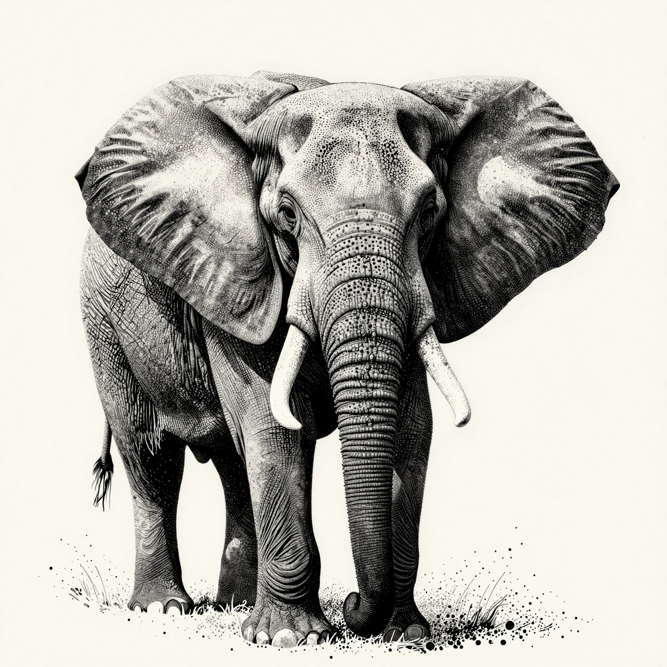 Monochrome Pointillism Portrait Of A Colossal African Elephant