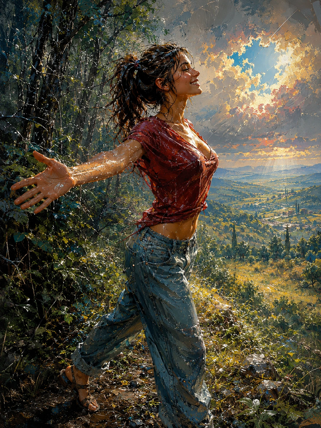 Young brunette woman stepping from forest into open countryside