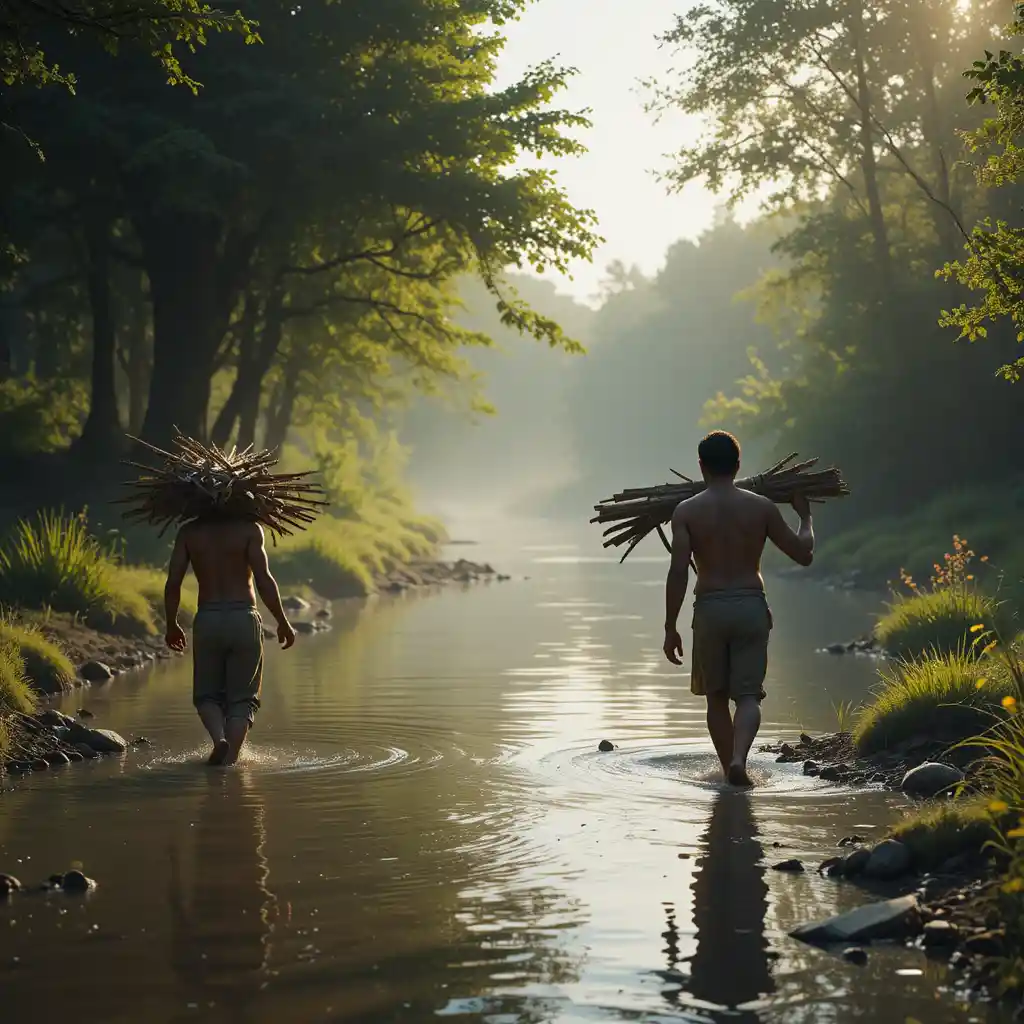 Two friends carrying wood on a bridge by the river