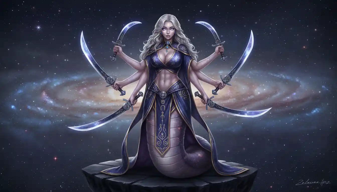 Regina naga primordiale con sei braccia ed eleganza celestiale