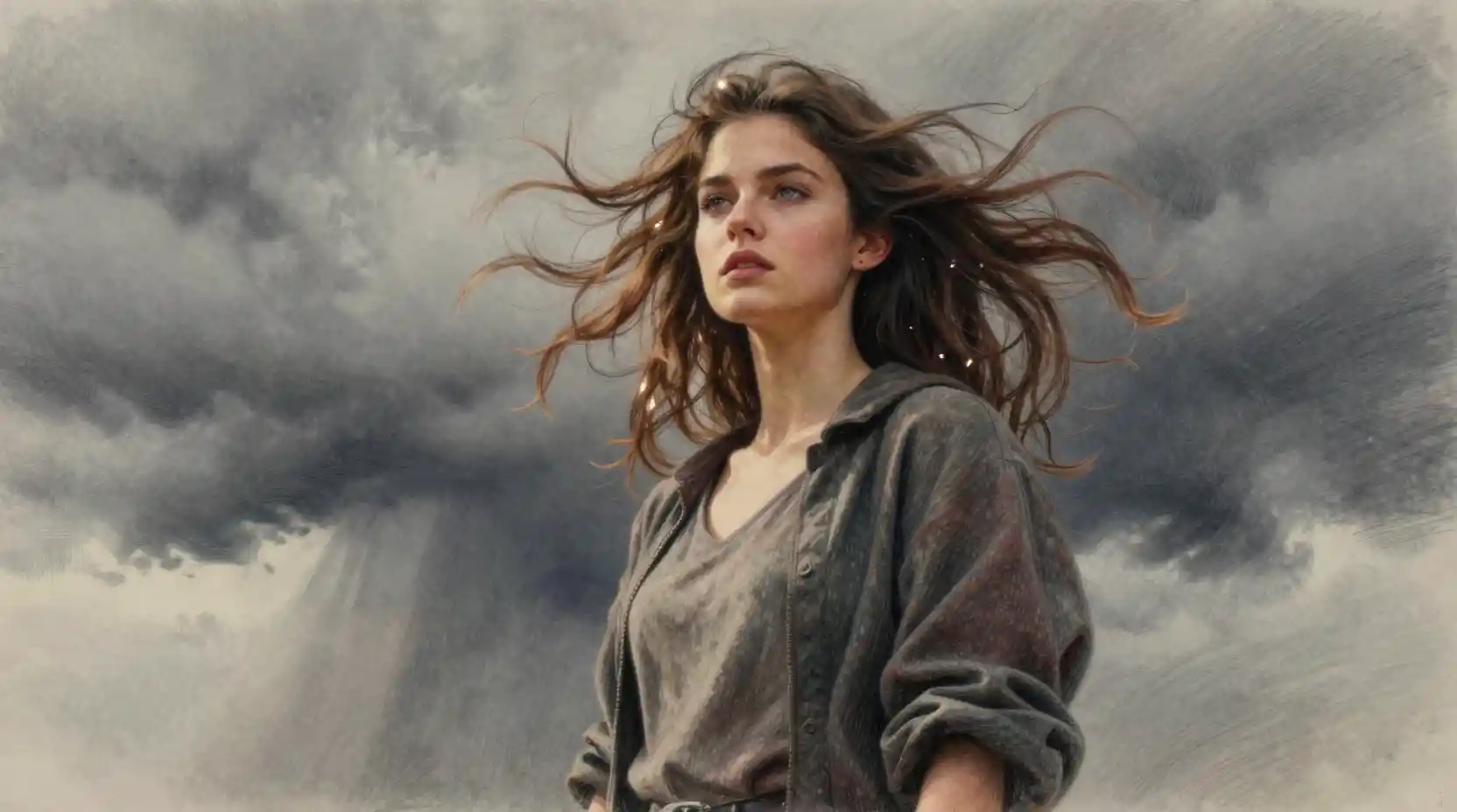 Young woman in a swirling light storm low angle illustration