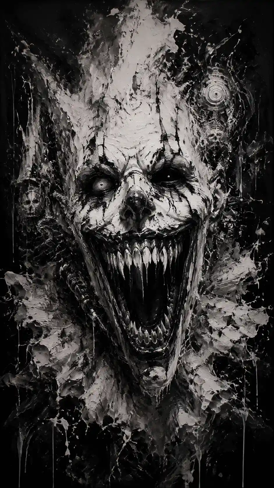 Grotesque demonic clown face in swirling white paint