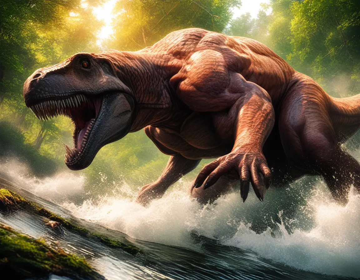 Tyrannosaurus rex charging across a muddy floodplain