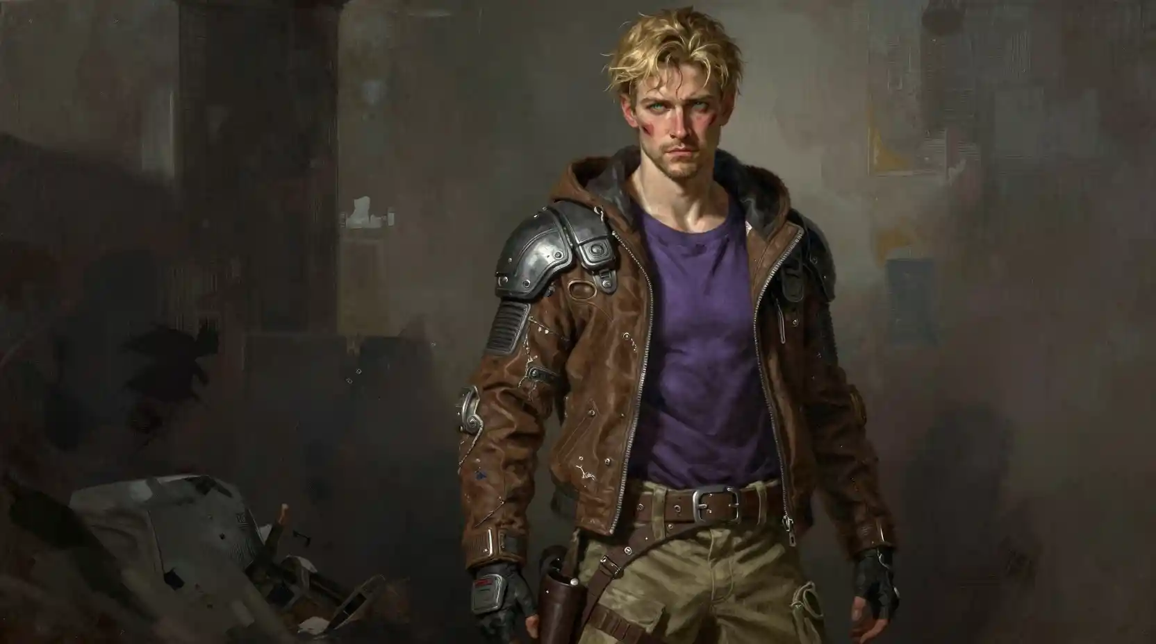 Young space warrior in a gritty urban alleyway