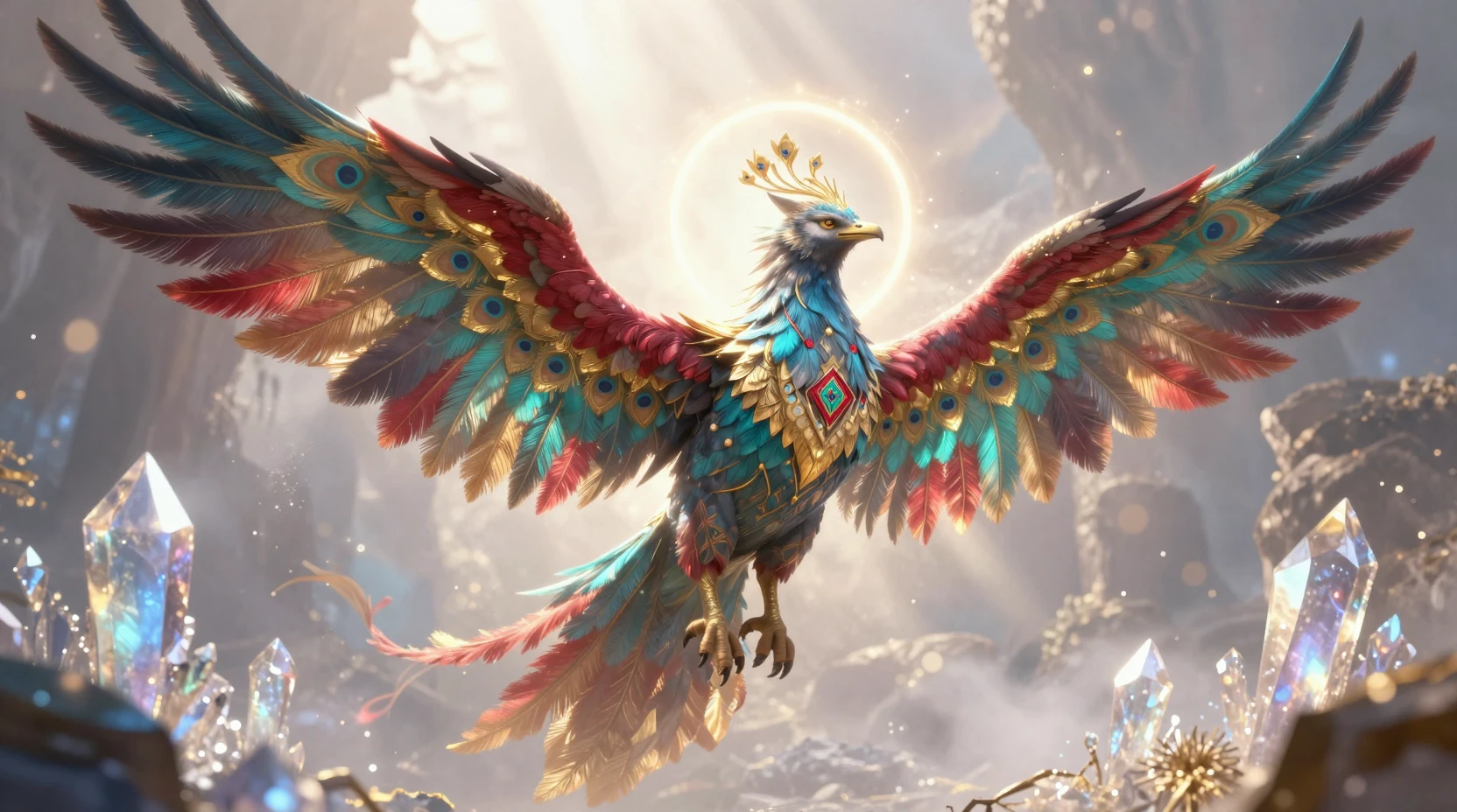 Majestic fantasy bird landing in a glowing crystal valley