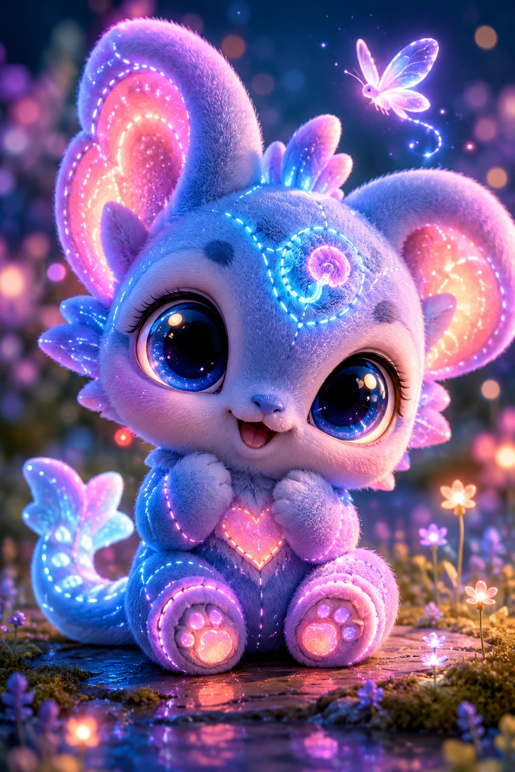 Adorable criatura de fantasía luminosa con ojos grandes y expresivos