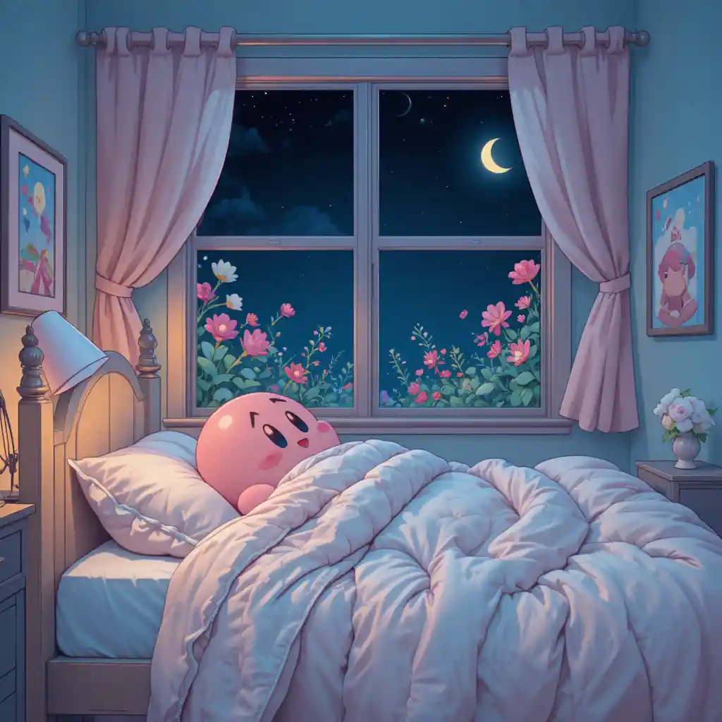 Cute pink creature sleeping in a pastel candy bed