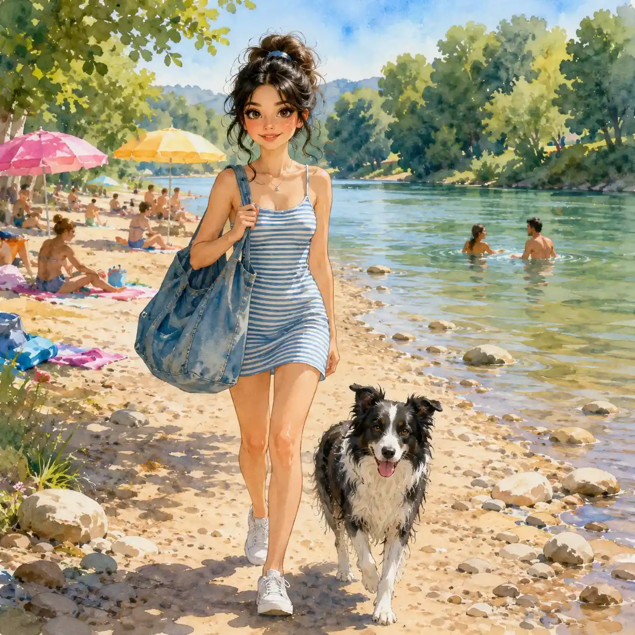 Woman arriving at a sunny river beach with dog