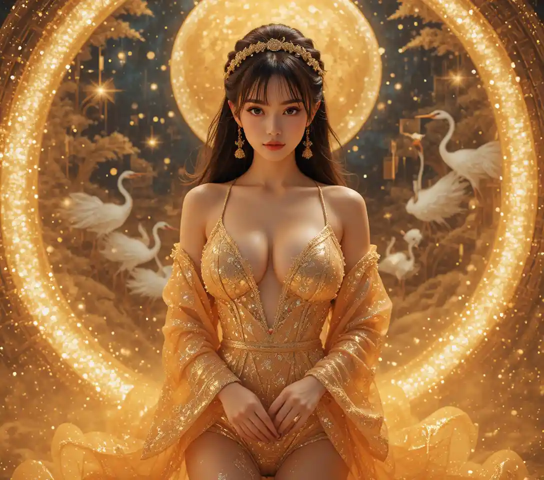 Asian woman in golden mist with shimmering starry rain