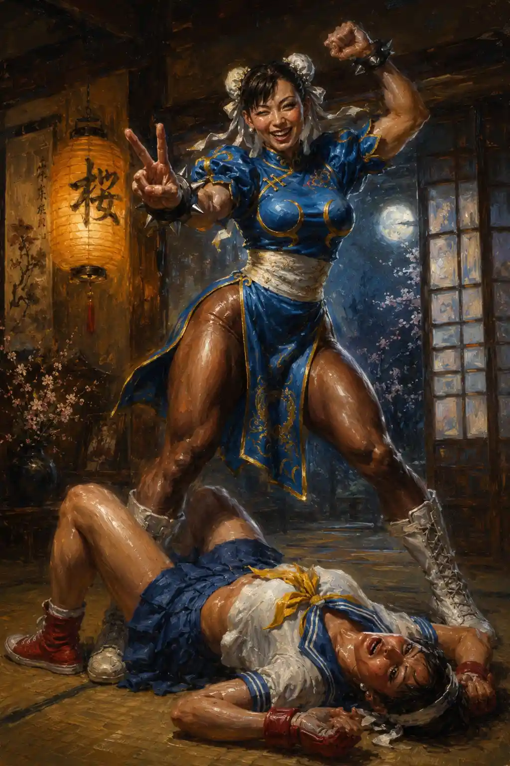 Victorious fighter woman posing over rival on tatami floor