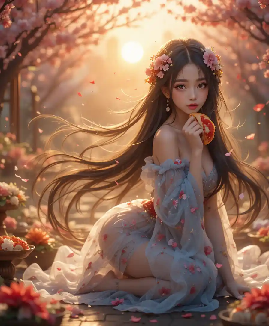 Anime woman eating pizza in a glowing sakura garden