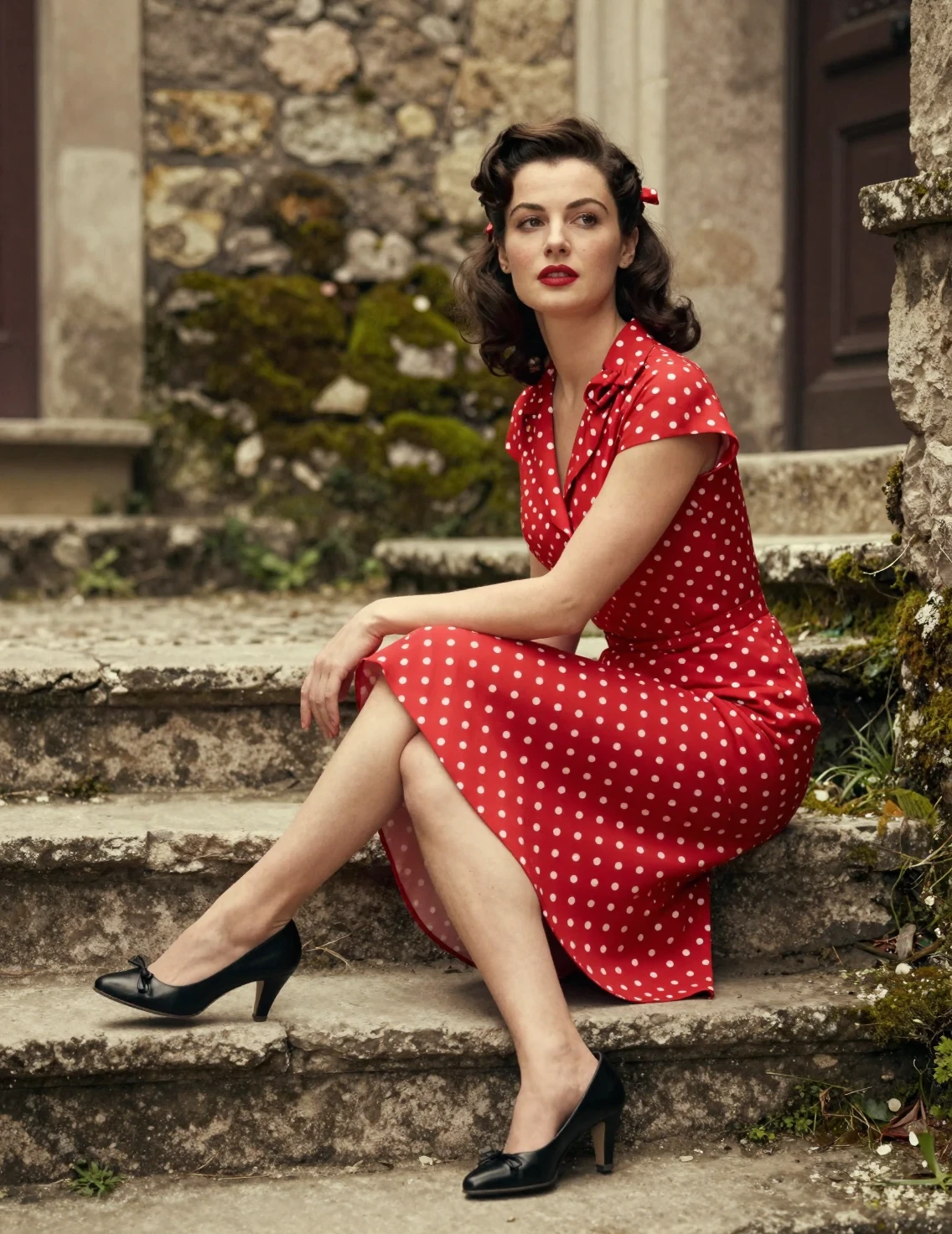 Elegant woman on stone steps in a vintage red dress
