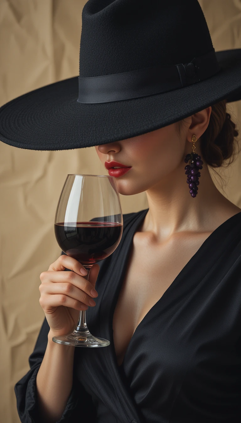 Mysterious woman in black hat with red wine glass