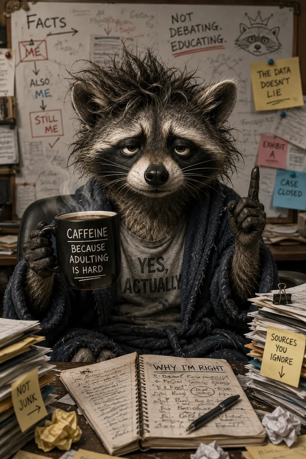 Gestresster Waschbär mit Kaffee und müdem, ausdruckslosem Blick