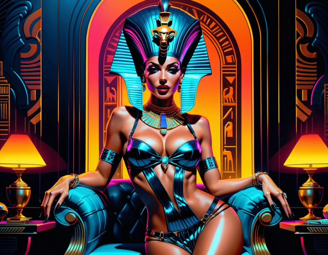 Neon fantasy egyptian queen in glamorous couture pose