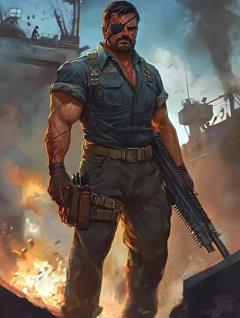 Battle hardened sailor with eyepatch and rifle on warship deck