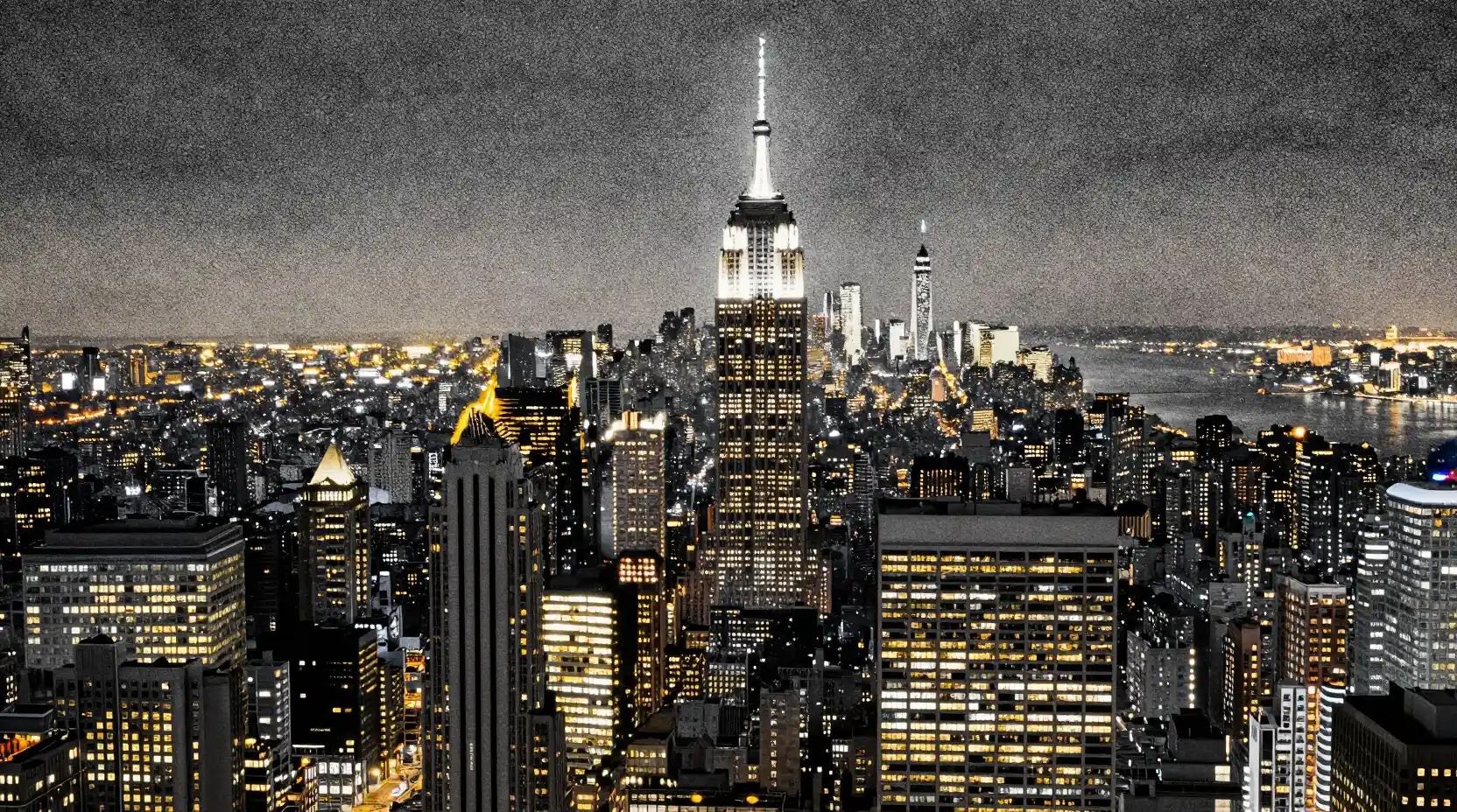 Manhattan night skyline in shimmering pointillist dot art