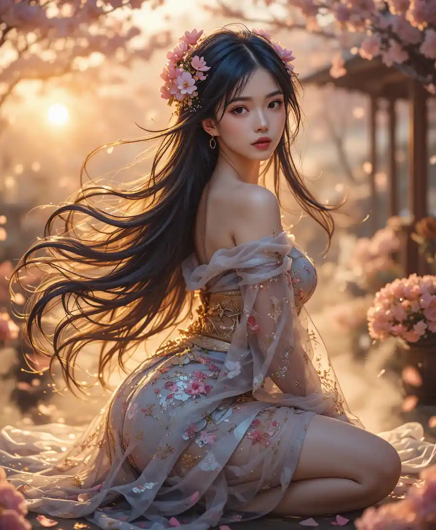 Anime woman in golden light with swirling cherry blossoms