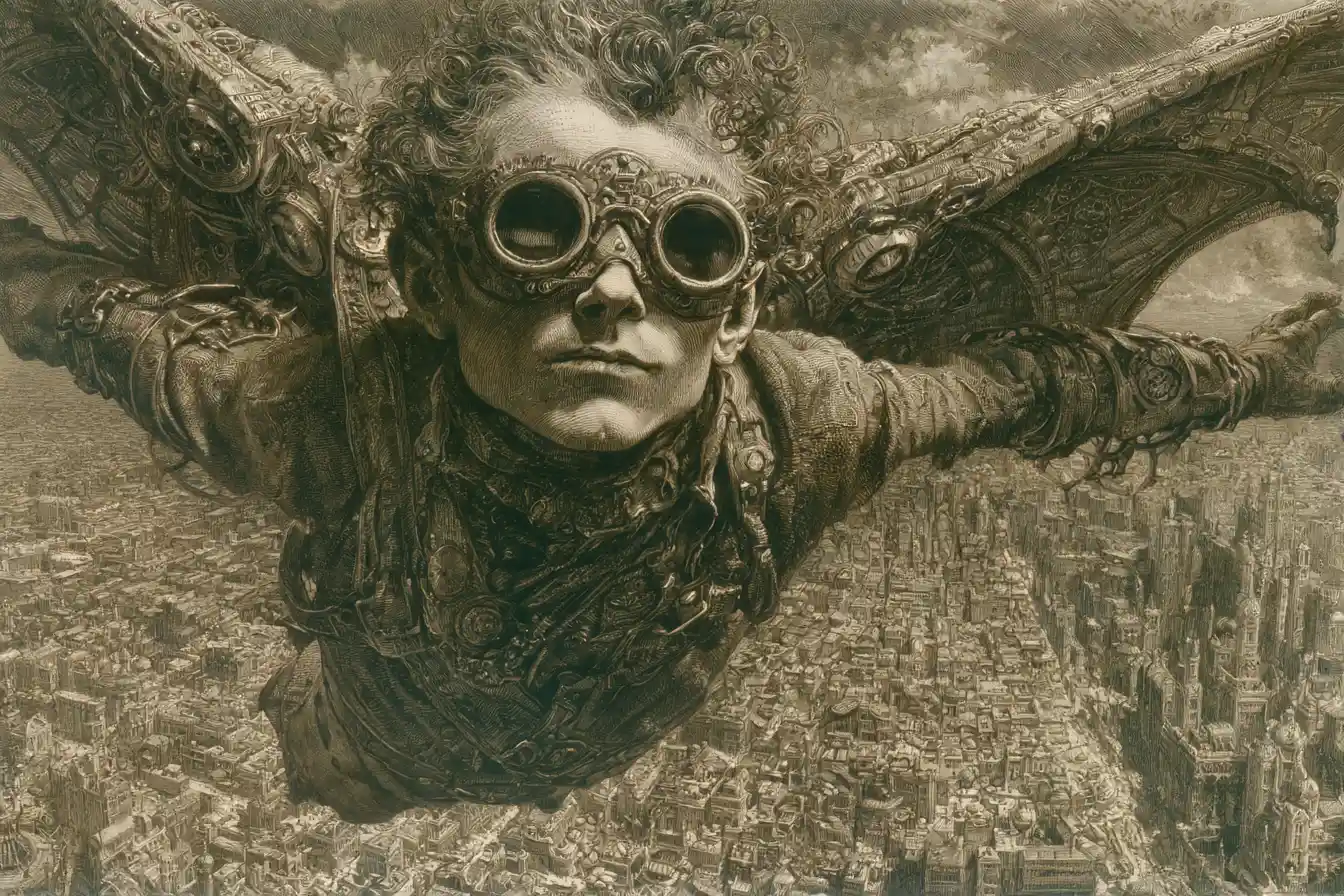 Flying man with mechanical wings over vintage cityscape