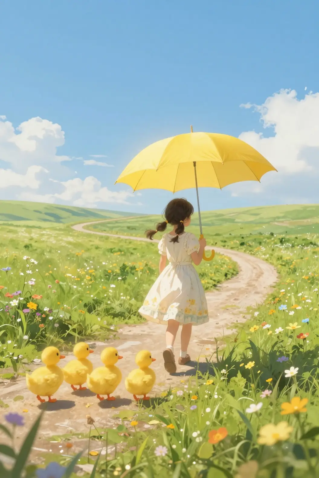 Girl With Yellow Umbrella Leading Ducks On Country Road