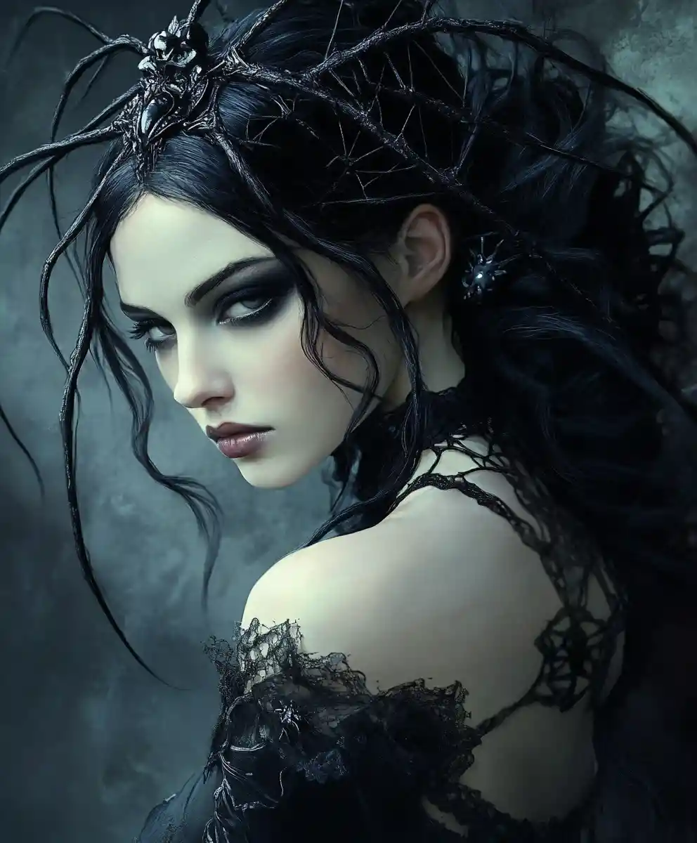 Dark spider queen in a moody gothic castle interior