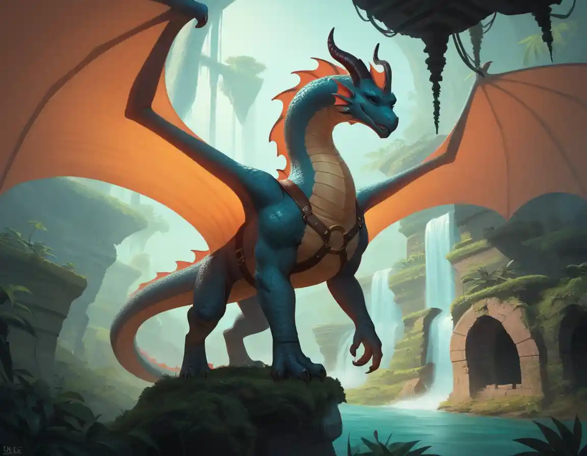 Dragon rider soaring through a hidden jungle canyon