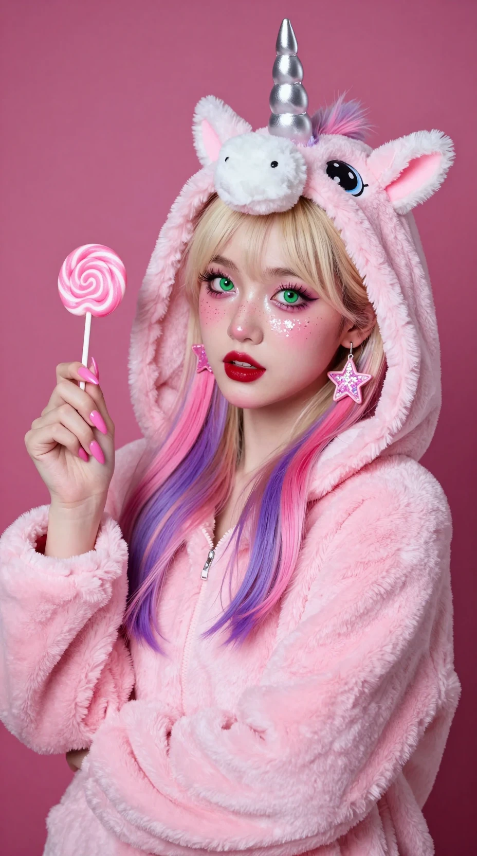 Girl in unicorn hood with lollipop against magenta background