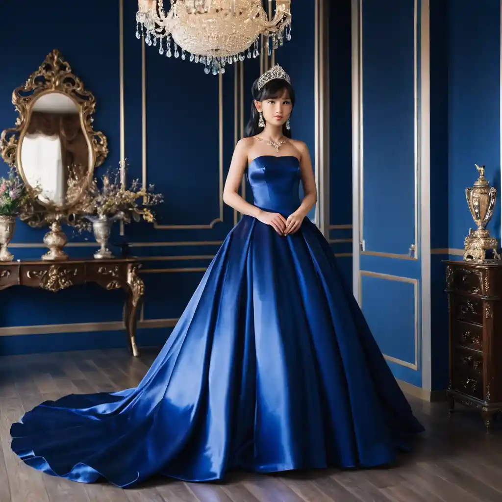 Elegant Japanese woman in royal blue satin ball gown