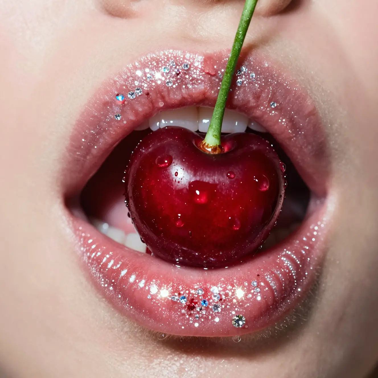 Wet cherry between glossy glittering lips in close up