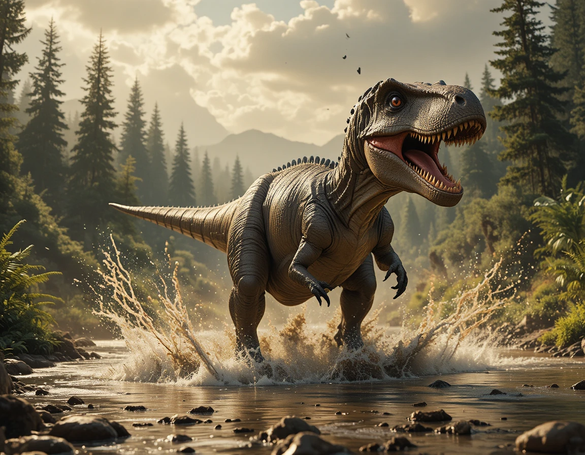 Tyrannosaurus Rex Running Across A Muddy Floodplain