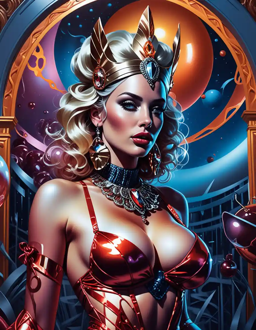 Neon lit fantasy queen in glamorous baroque fashion