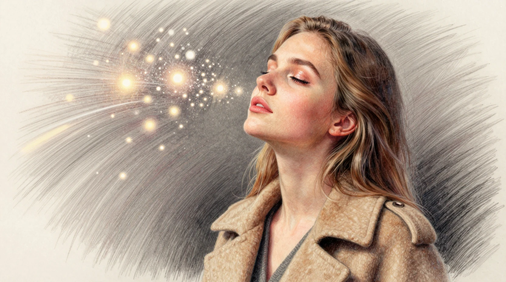 Giovane donna serena tra vortici di luminose particelle di luce