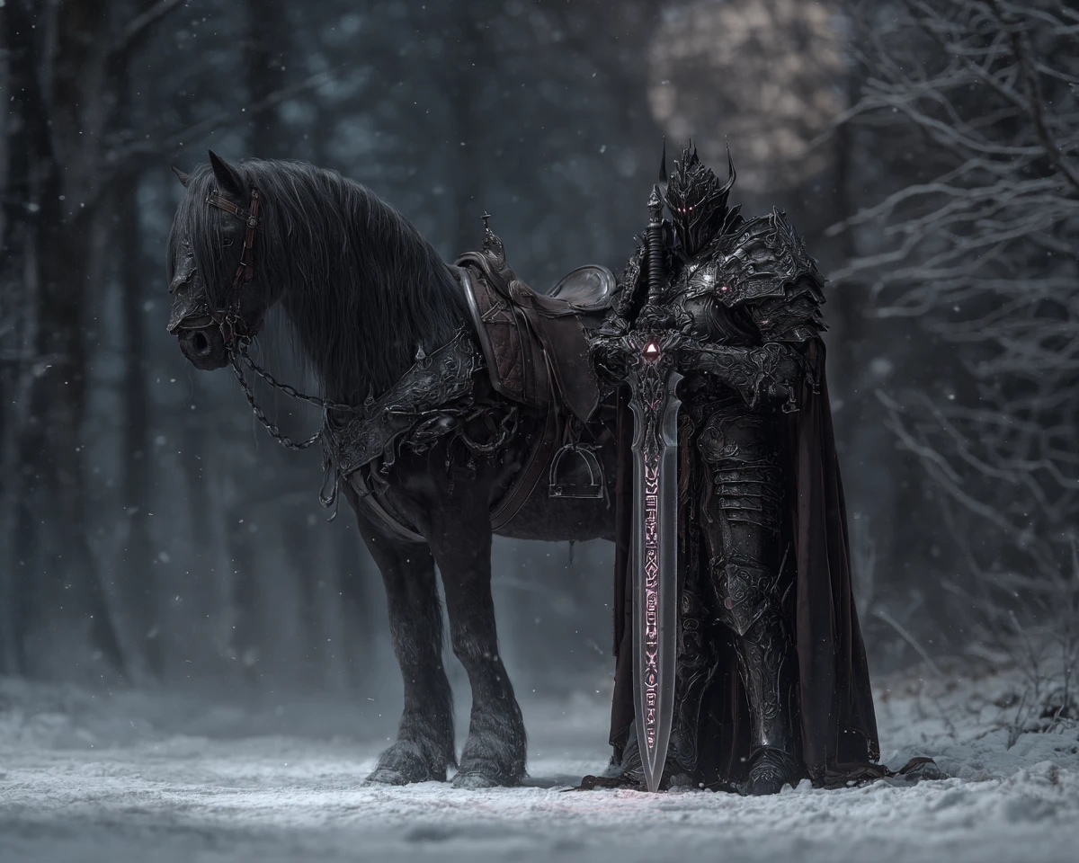 Dark knight of terror beside horse on snowy forest trail