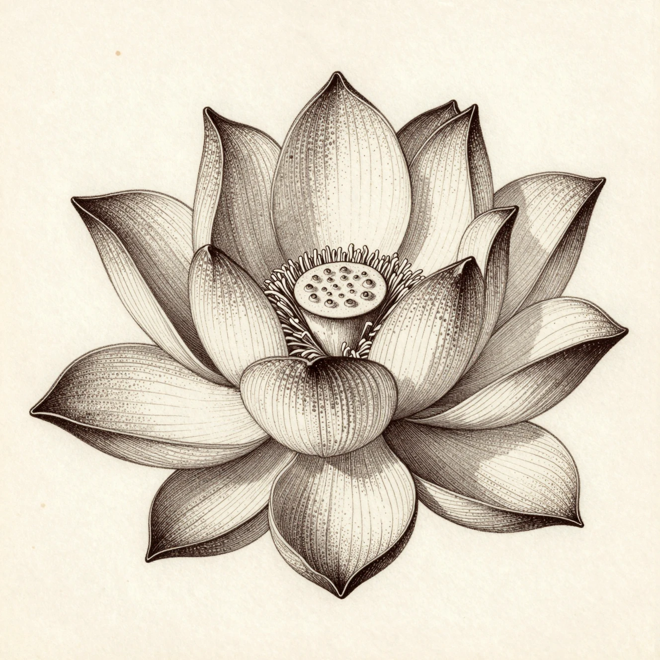 Stippling Illustration Of A Single Lotus On Aged Paper