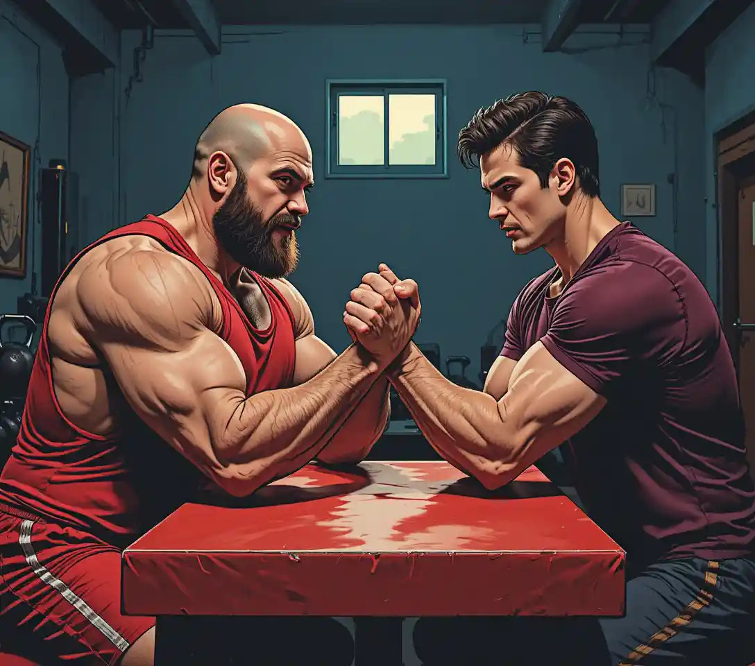 Two men arm wrestling intensely at a dim gym table