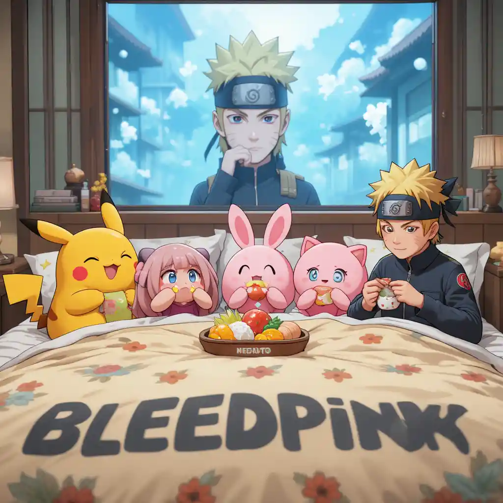 Cute cartoon friends relaxing together on a bed