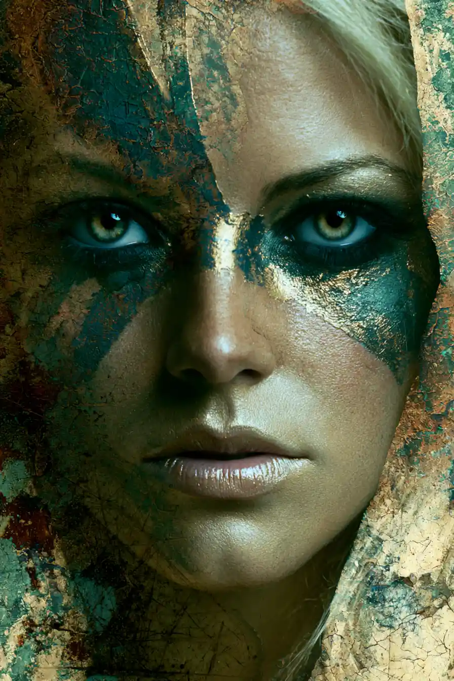 Futuristic blond woman dissolving into metallic patina background
