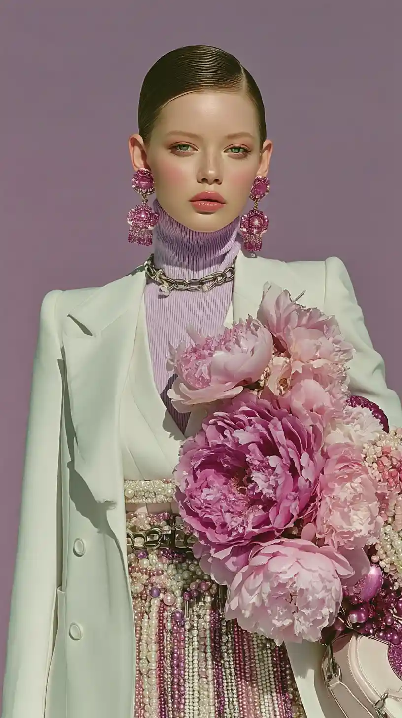 Avant garde fashion woman in mauve blazer and pearl skirt