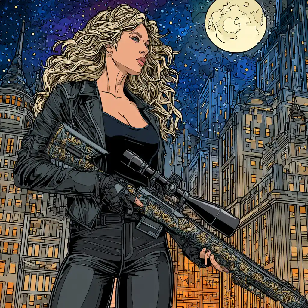 Blonde female spy with sniper rifle on city rooftop