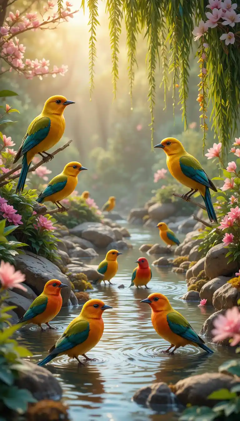 Colorful birds bathing in a sunlit forest stream