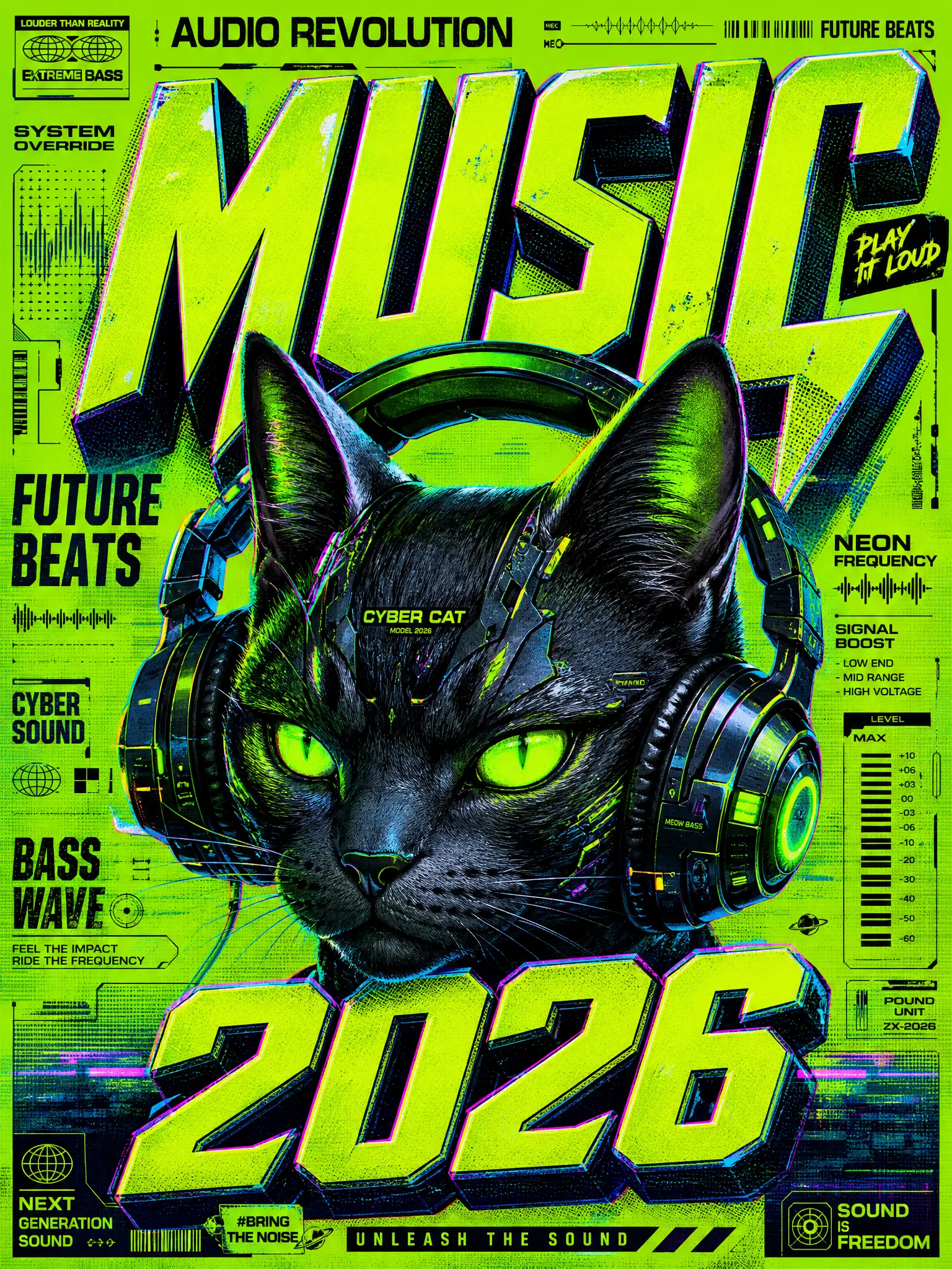 Cyberpunk cat with neon headphones music poster design