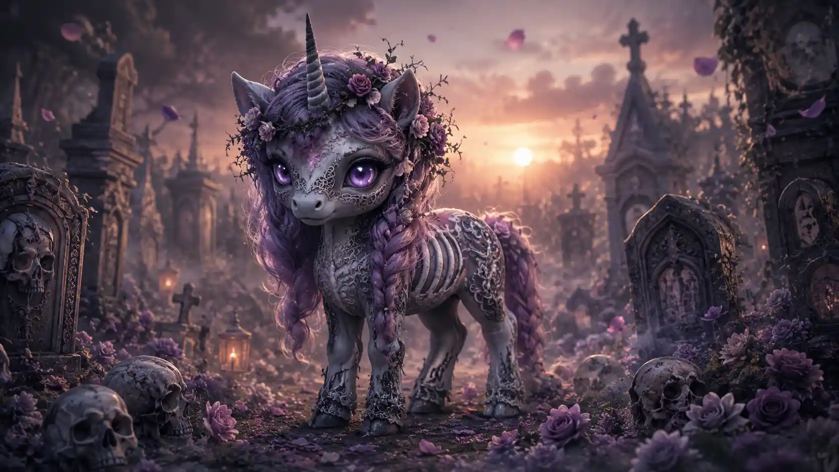 Small unicorn in a gothic graveyard at golden sunset