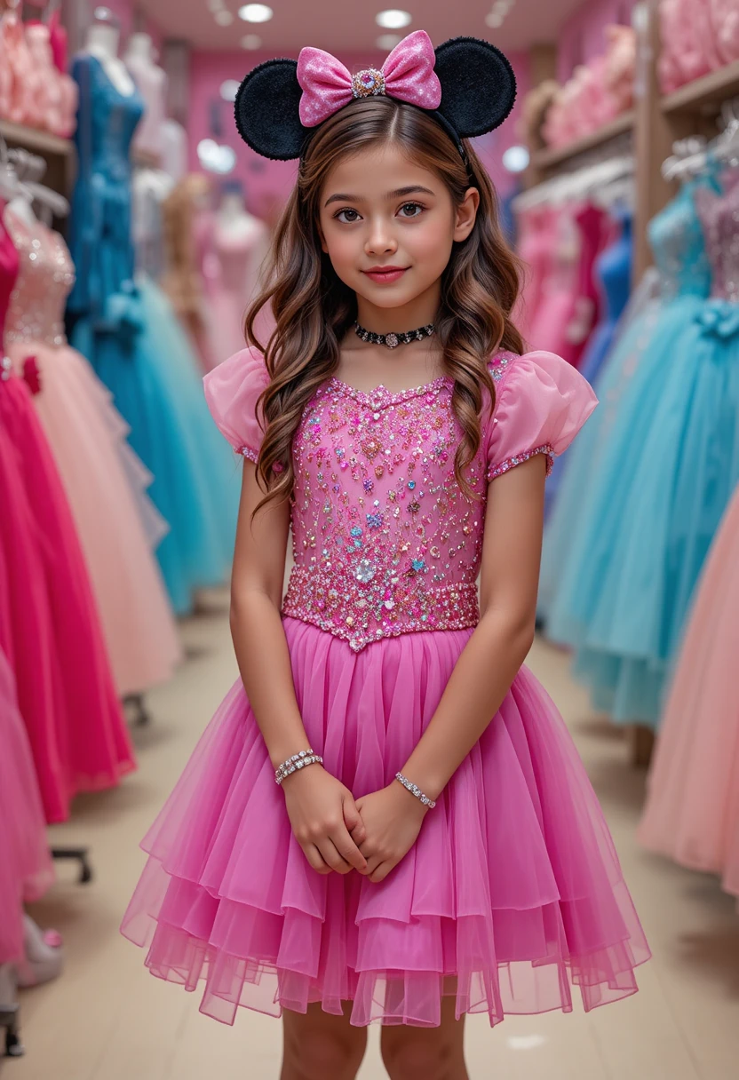 Young girl in pink Minnie dress in boutique shop