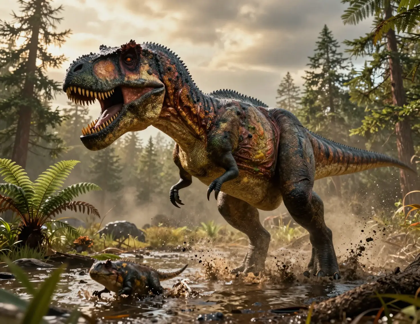 Tyrannosaurus rex sprinting across a muddy cretaceous floodplain