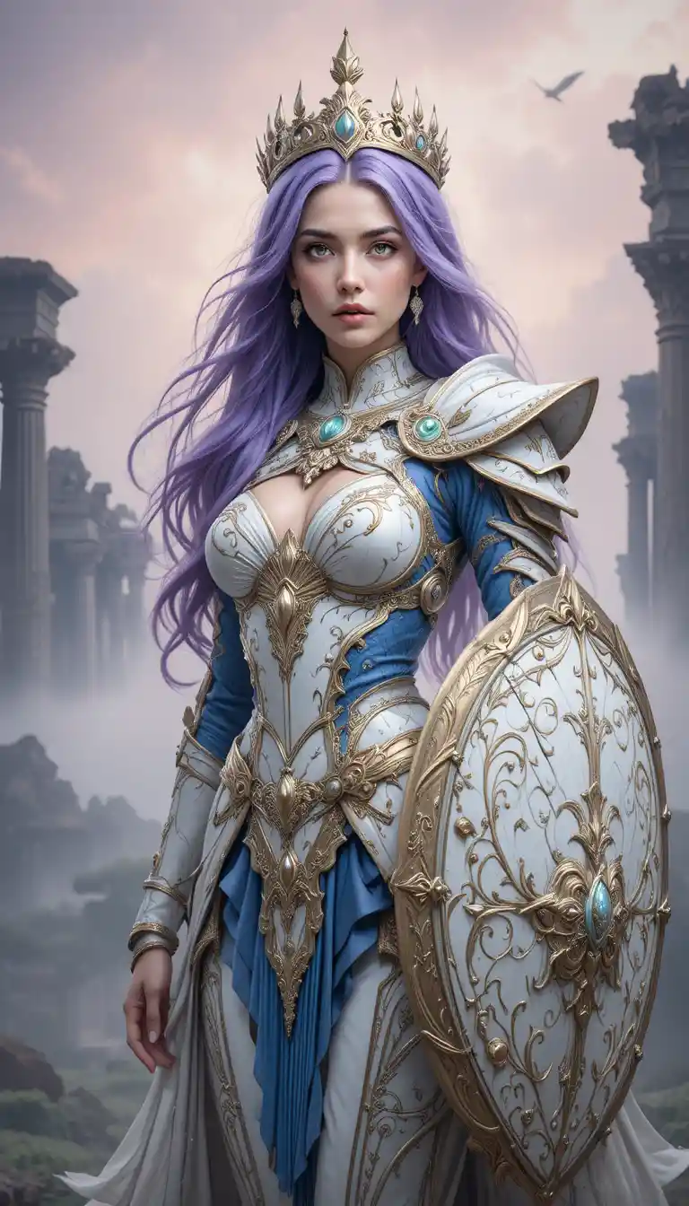 Regal warrior woman in ornate white and gold fantasy armor
